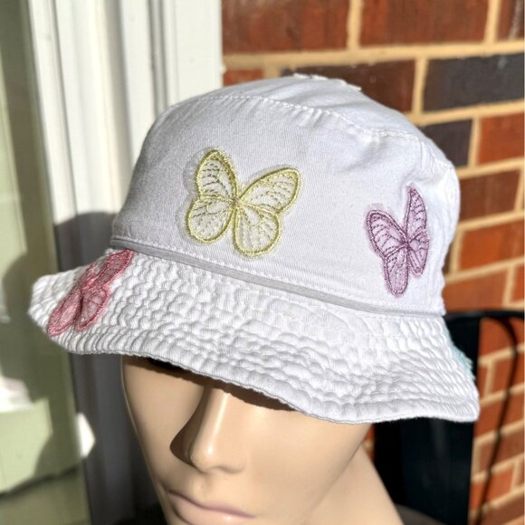 Handmade Kids Upcycled One Of A Kind White Bucket Hat With Colorful Butterflies - Picture 6 of 12